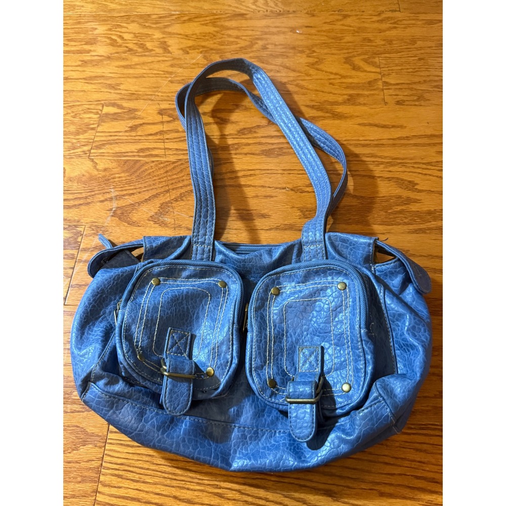 Y2K Joe Boxer Blue Faux Leather Boho Shoulder Utility Pockets Buckle Accent GUC